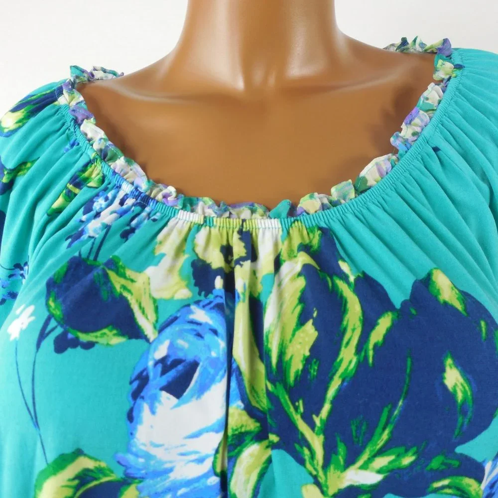 SUSAN GRAVER Top 1X Floral Blouse Stretch Green/Blue Print Chiffon Flared Sleeve - Picture 2 of 13